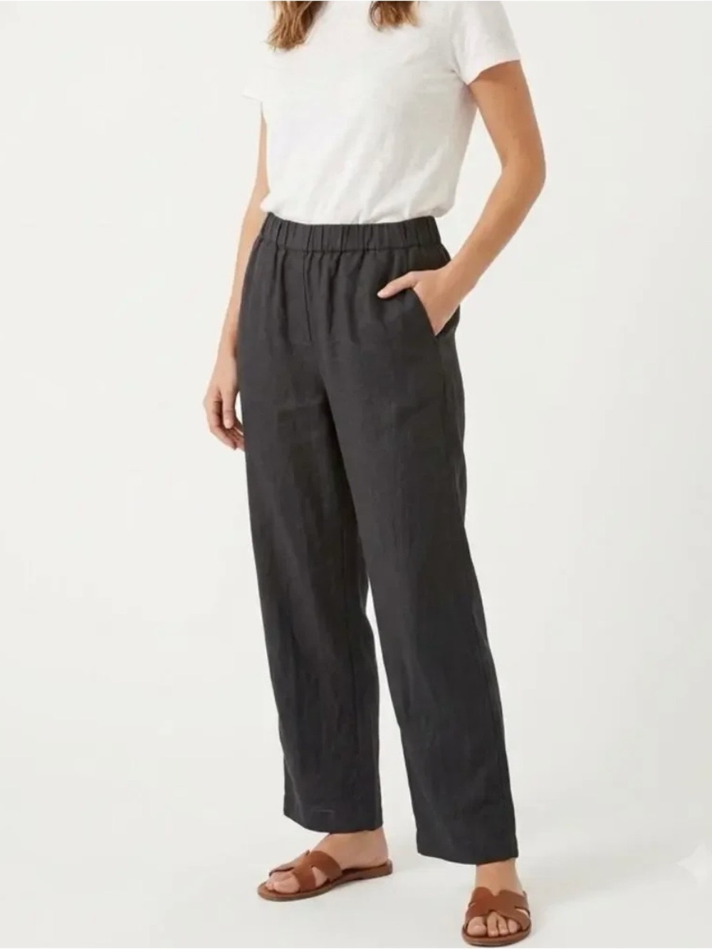 QUINCE 100% European Linen Pants S Black Crop Tapered Ankle Lightweight Resort
